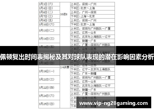 佩顿复出时间表揭秘及其对球队表现的潜在影响因素分析