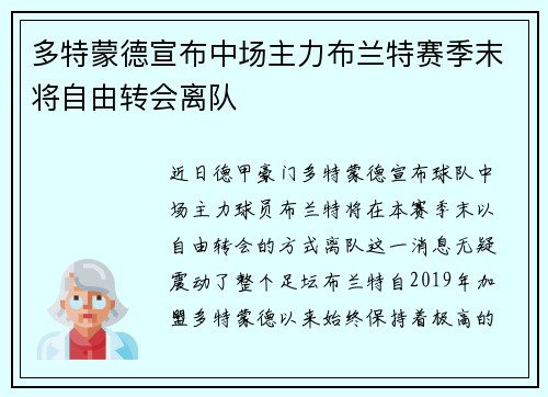 多特蒙德宣布中场主力布兰特赛季末将自由转会离队 多特蒙德宣布中场主力布兰特赛季末将自由转会离队